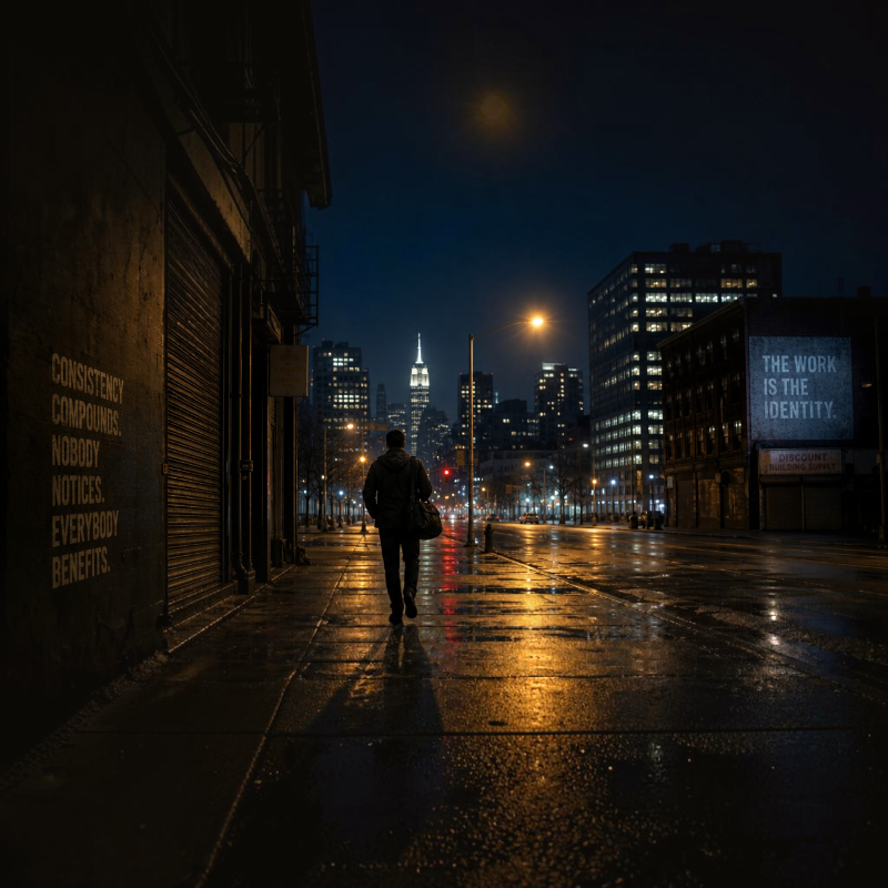 Person walking alone on a wet city street at night with illuminated buildings and Quiet Grind messages on nearby walls