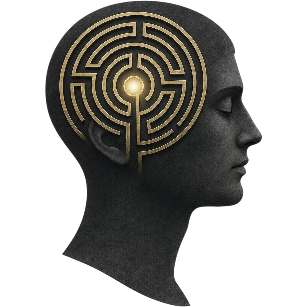 Profile of a person with a gold maze symbol representing thought, reflection, and personal growth