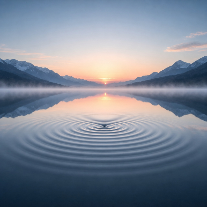 Peaceful mountain lake at sunrise with mist, reflections, and ripples on the water