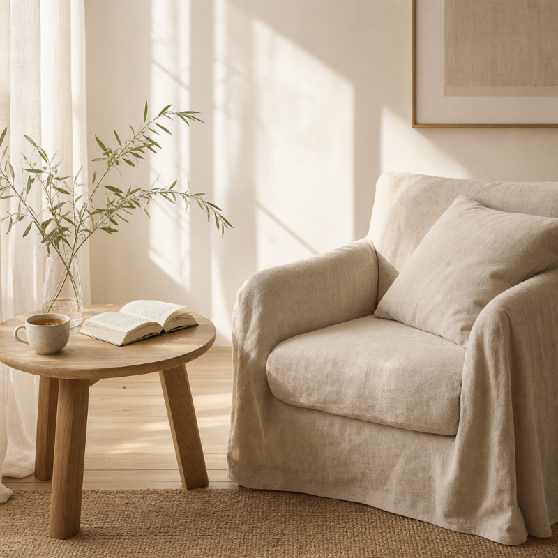 Cozy neutral reading space with armchair, side table, book, and natural sunlight