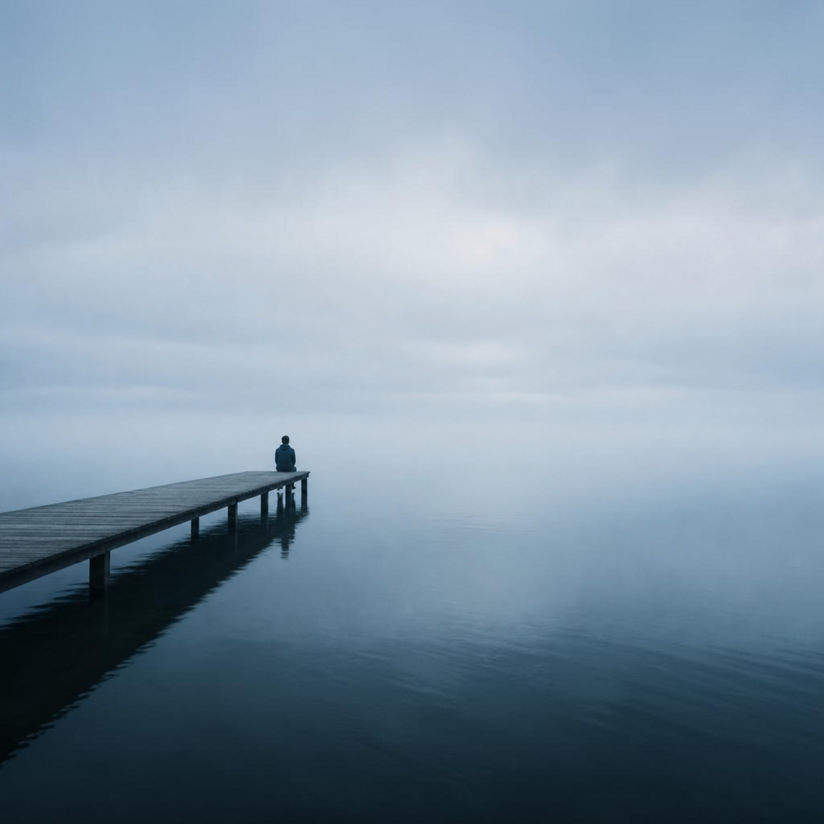 Person sitting alone at the end of a wooden dock overlooking a calm, misty lake