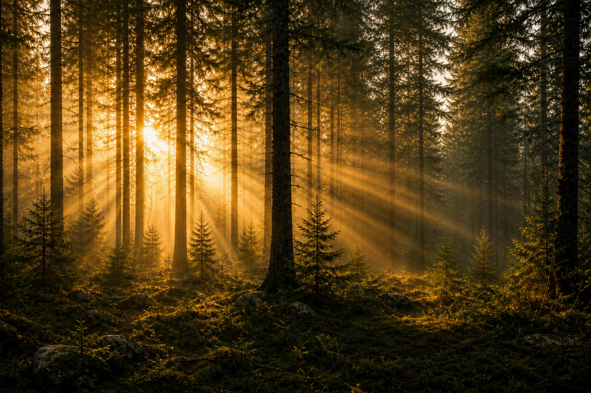 Sunlight streaming through a quiet pine forest with tall trees and a peaceful forest floor